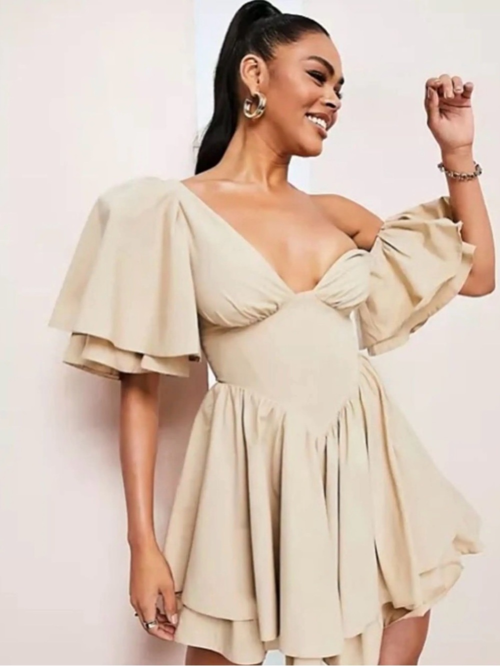 ASOS Beige One-Shoulder Mini Dress with Puff Sleeve